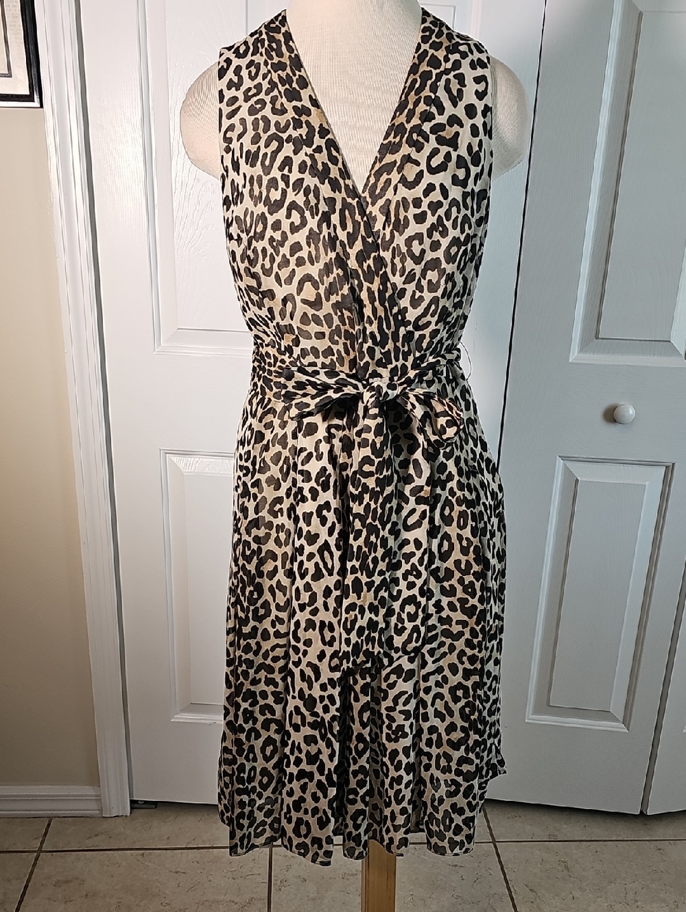 Sleeveless Leopard Print Faux Wrap Dress - Beige/Black. Size 10
